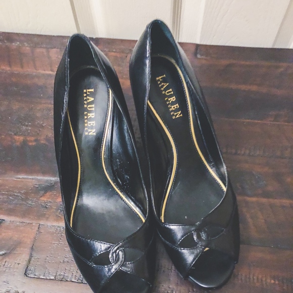 Black Ralph Lauren Leather Peep-Toe Wedges - Picture 1 of 5